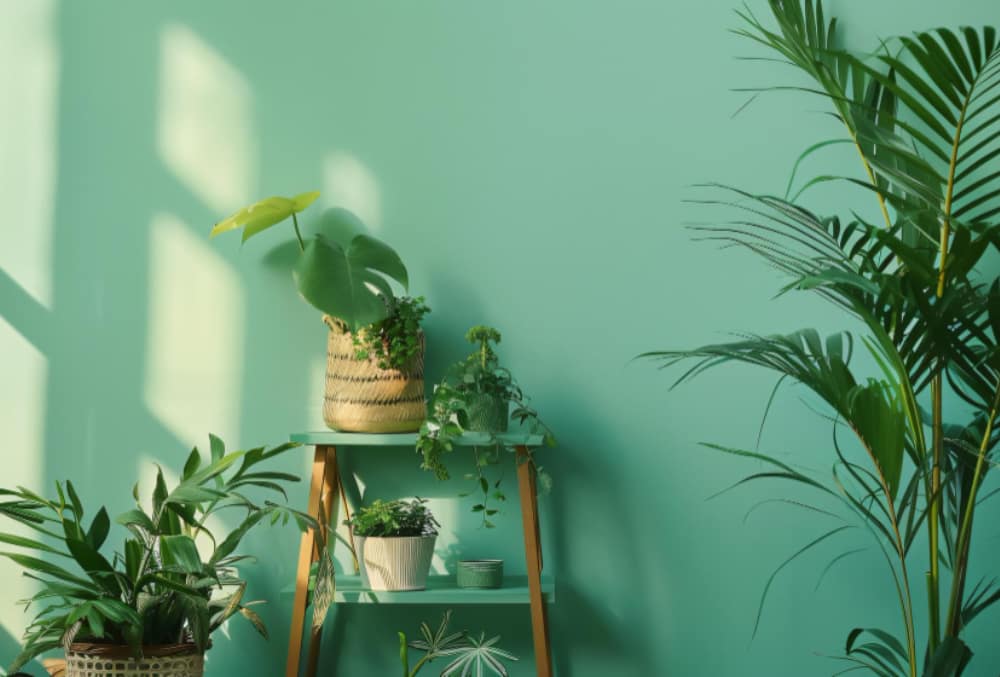 Groene kamer met diverse potplanten en zonlicht.