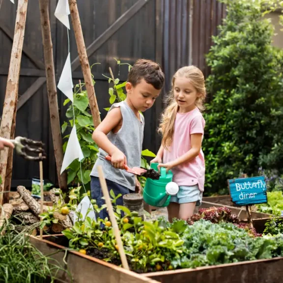 Kinderen geven planten water in een tuin
