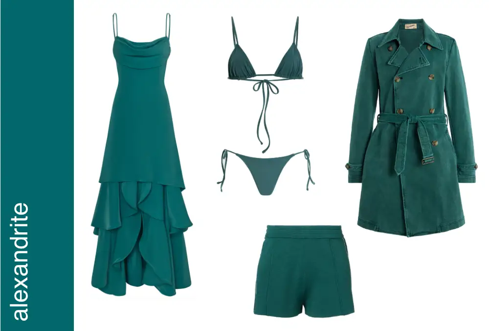 Groene kledingcollectie: jurk, jas, bikini en korte broek.