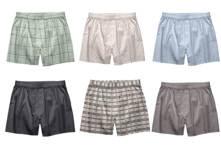 Zes boxershorts in verschillende kleuren en patronen.