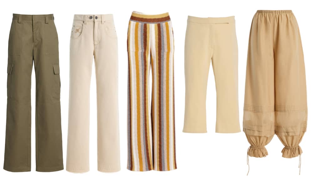 Vijf verschillende stijlen damesbroeken op een rij.
