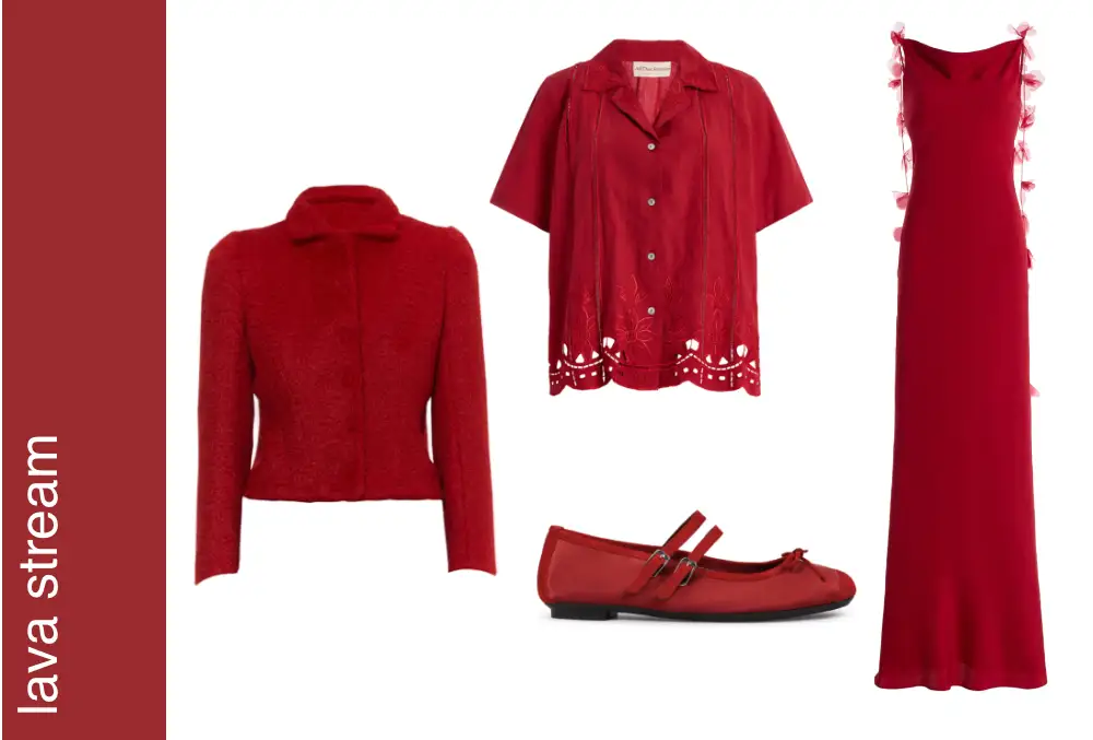 Rode kledingenset met jas, blouse, jurk en schoenen.