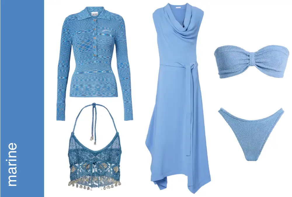 Blauwe dameskleding: jurk, bikini, topjes, marine stijl.