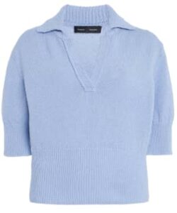 Lichte blauwe polosweater met kraag en korte mouwen.