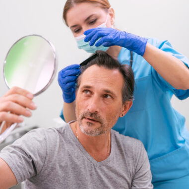 Man bekijkt resultaat haartransplantatie