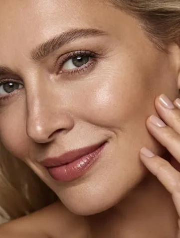Close-up van glimlachende vrouw met stralende huid