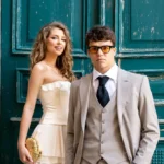 Stijlvol gekleed koppel voor groene deur