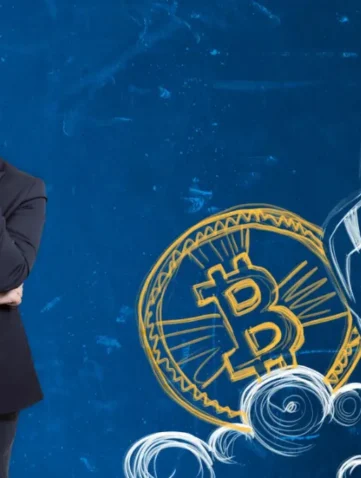 Man denkt na naast getekende bitcoin met raket die afgevuurd wordt