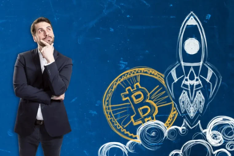 Man denkt na naast getekende bitcoin met raket die afgevuurd wordt