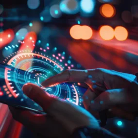 Modern touch screen in een futuristische technologische omgeving