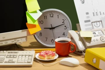 bureau met klok, donut, papieren, koffie en post-it