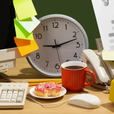 bureau met klok, donut, papieren, koffie en post-it