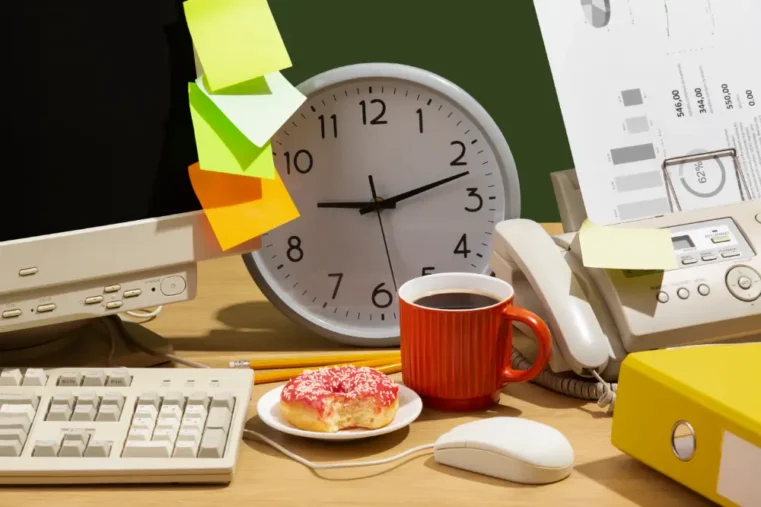 bureau met klok, donut, papieren, koffie en post-it