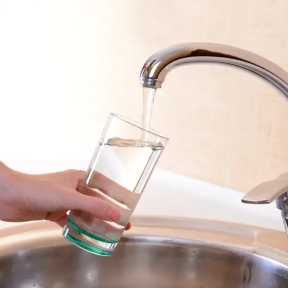 hand van vrouw met glas die water uit kraan tapt