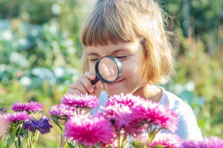 Meisje met vergrootglas bekijkt bloemen