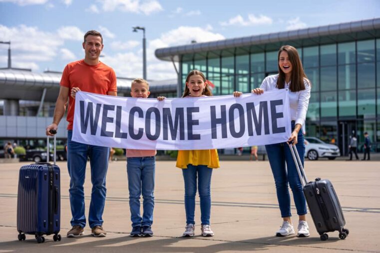 gezin op vliegveld met spandoek welcome home