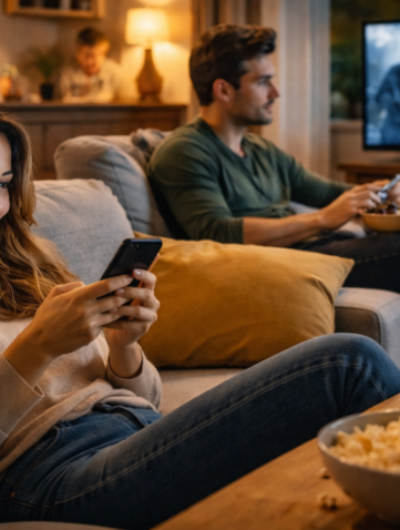 Vrouw kijkt op telefoon, man eet popcorn, tv aan.
