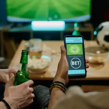 Mensen kijken voetbal op tv en wedden op mobiel.