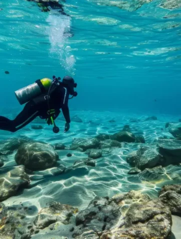 Duiker verkent kleurrijk koraalrif onderwater