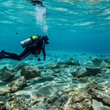 Duiker verkent kleurrijk koraalrif onderwater