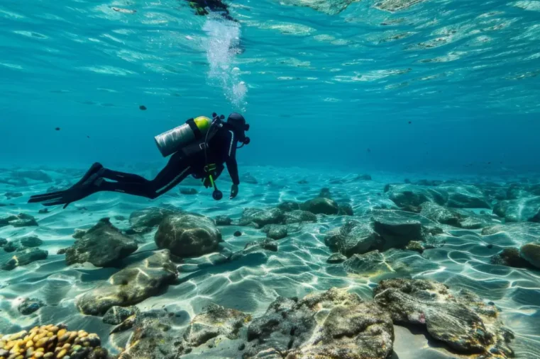Duiker verkent kleurrijk koraalrif onderwater