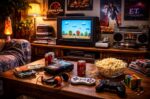 Retro woonkamer met console en popcorn