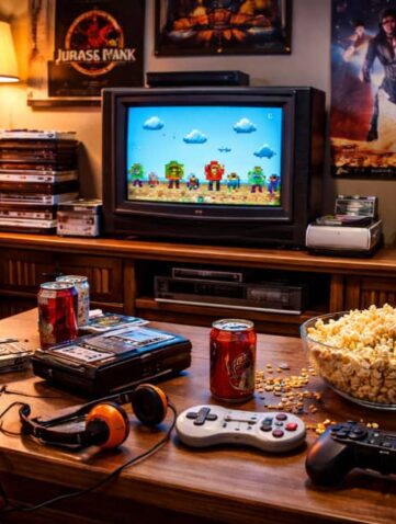 Retro woonkamer met console en popcorn
