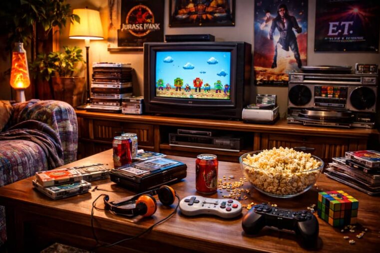 Retro woonkamer met console en popcorn