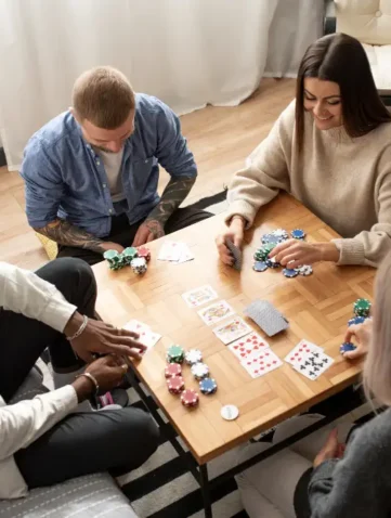 vier mensen spelen kaartspel aan tafel
