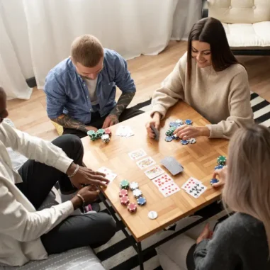 vier mensen spelen kaartspel aan tafel