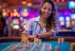 Vrouw glimlacht bij casino speeltafel.