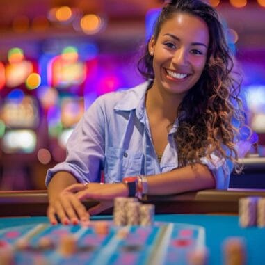 Vrouw glimlacht bij casino speeltafel.