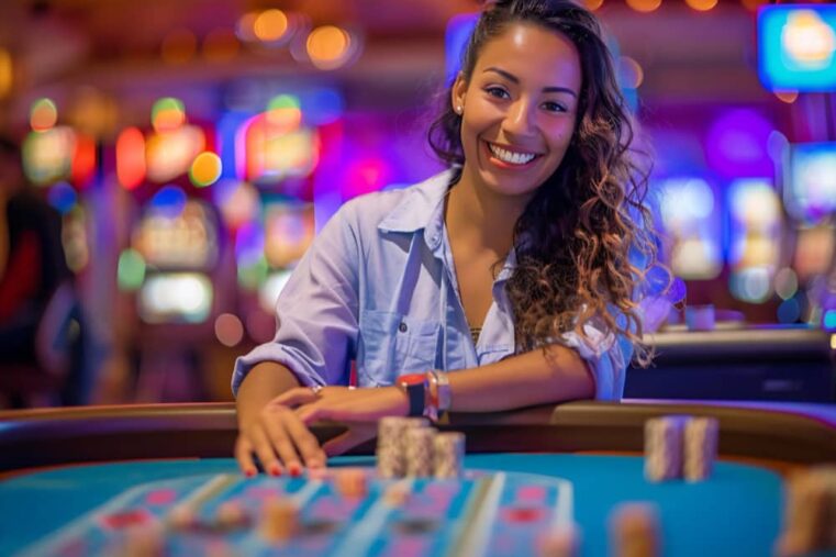 Vrouw glimlacht bij casino speeltafel.