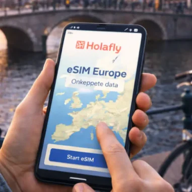 Smartphone met eSIM-app in Europese stad