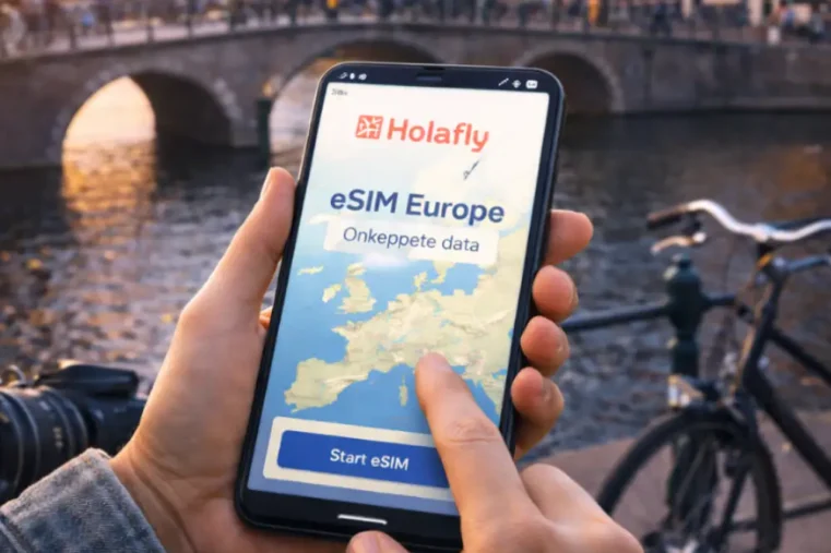 Smartphone met eSIM-app in Europese stad