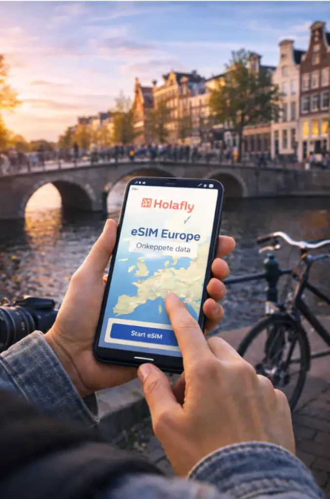 Hand met smartphone bij brug in Amsterdam