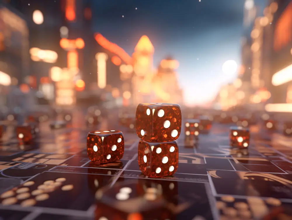 Rode dobbelstenen op casinotafel met stadslichten