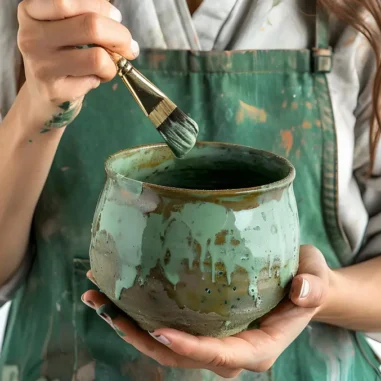 vrouw schildert keramieke pot