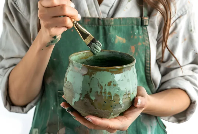 vrouw schildert keramieke pot