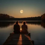 man en vrouw zitten op steiger bij maanlicht