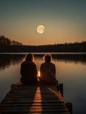 man en vrouw zitten op steiger bij maanlicht