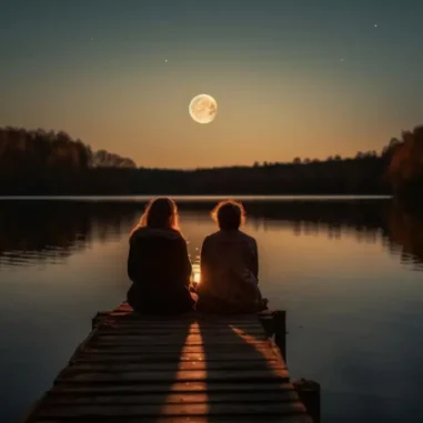 man en vrouw zitten op steiger bij maanlicht
