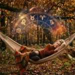 Een vrouw slaapt in een hangmat in de nature en droomt van de tekens van de sterrenbeelden