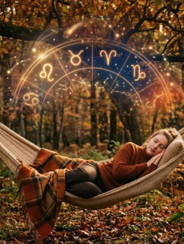 Een vrouw slaapt in een hangmat in de nature en droomt van de tekens van de sterrenbeelden