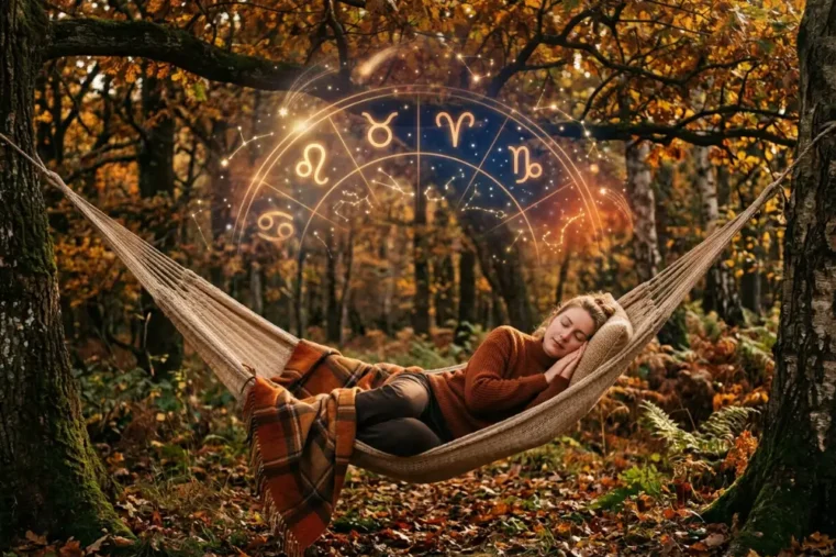 Een vrouw slaapt in een hangmat in de nature en droomt van de tekens van de sterrenbeelden