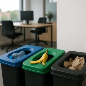 kantoor met drie kliko's om afval te scheiden