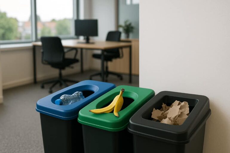 kantoor met drie kliko's om afval te scheiden