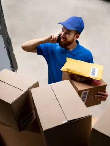 Man staat bij een bus met pakketten.