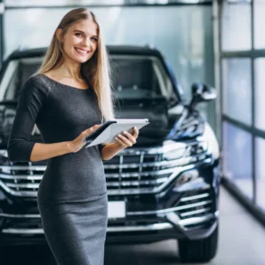 vrouw met tablet staat voor zwarte auto
