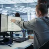 Man wijst naar computer scherm terwijl andere man toekijkt